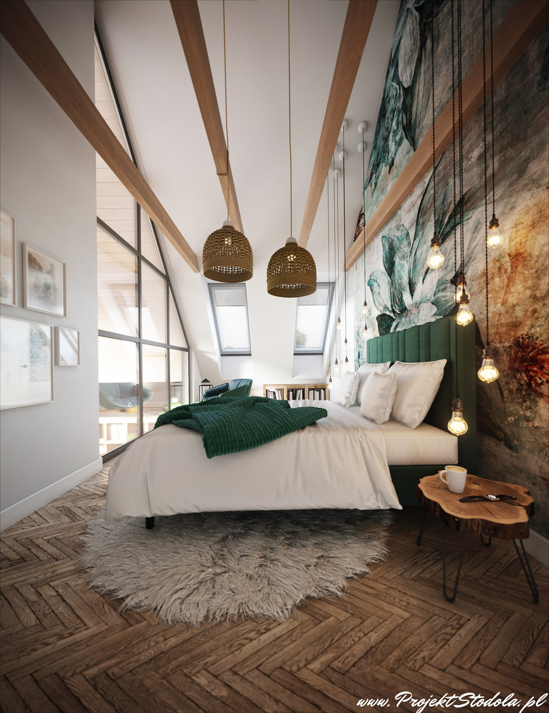 Projekt Stodoła M-L wnętrze sypialnia poddasze1 Nowoczesna stodoła sypialnia
