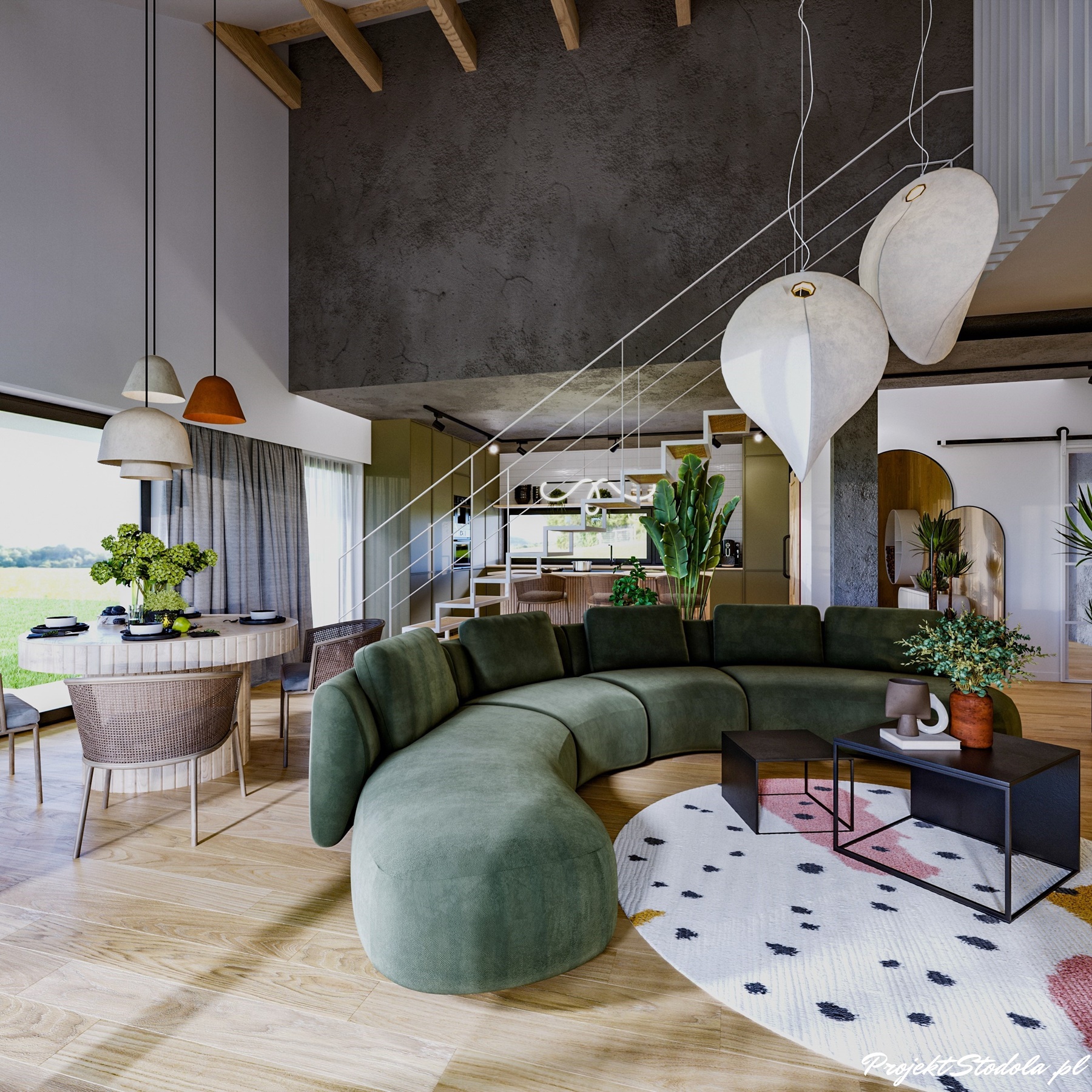 Projekt Stodoła_S+_Premium_wersja podstawowa_salon (2) nowoczesna stodoła wnętrza