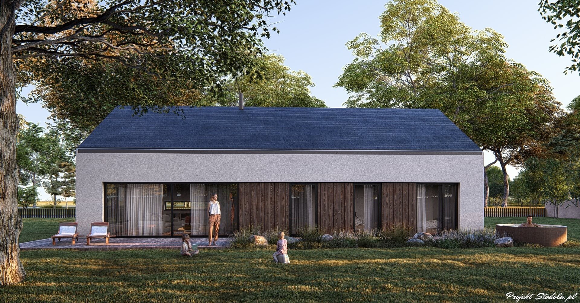 Projekt Stodoła Optimum z garażem elewacja ogrodowa
