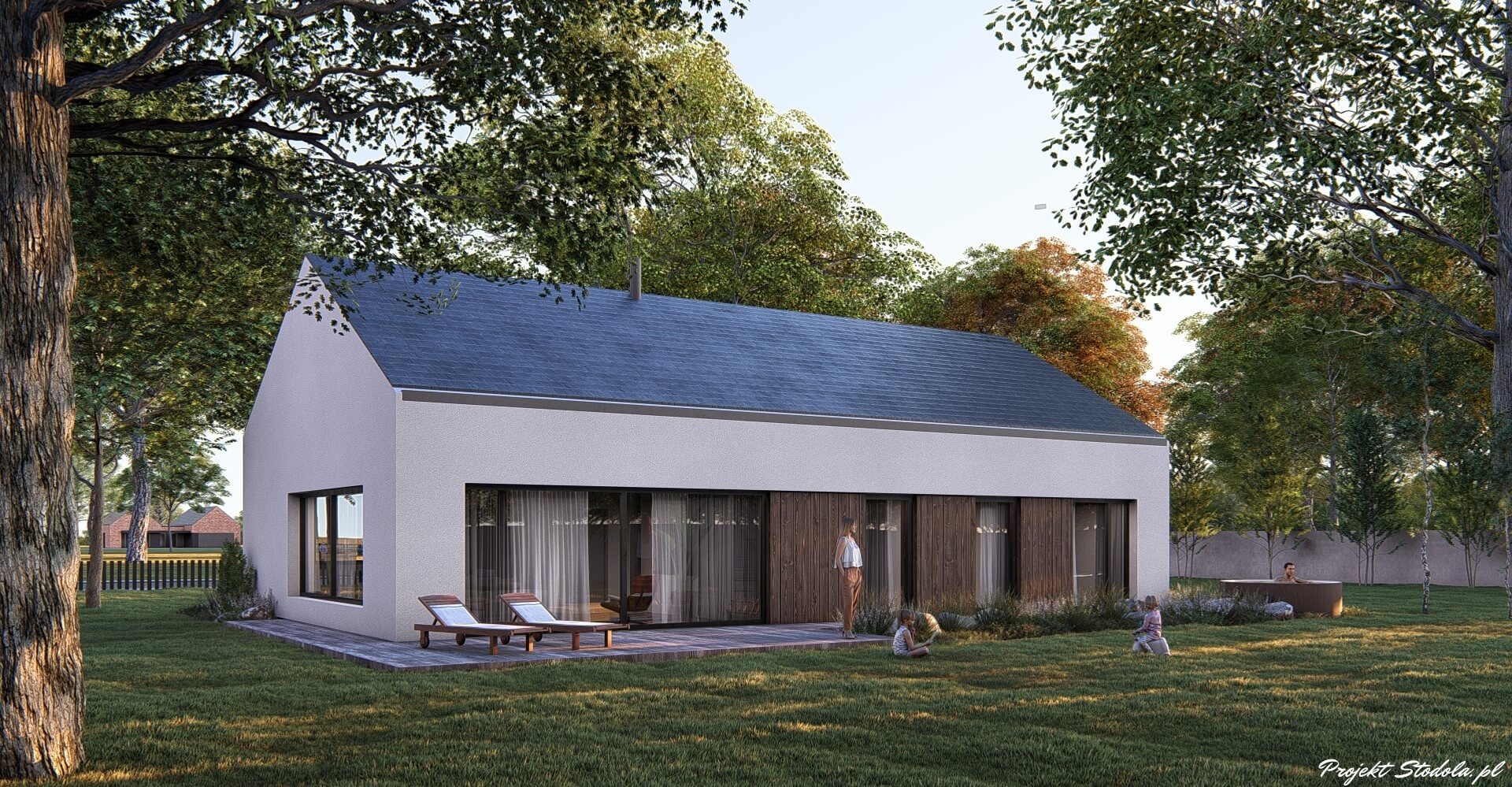 Projekt Stodoła Optimum z garażem perspektywa ogrodowa 2