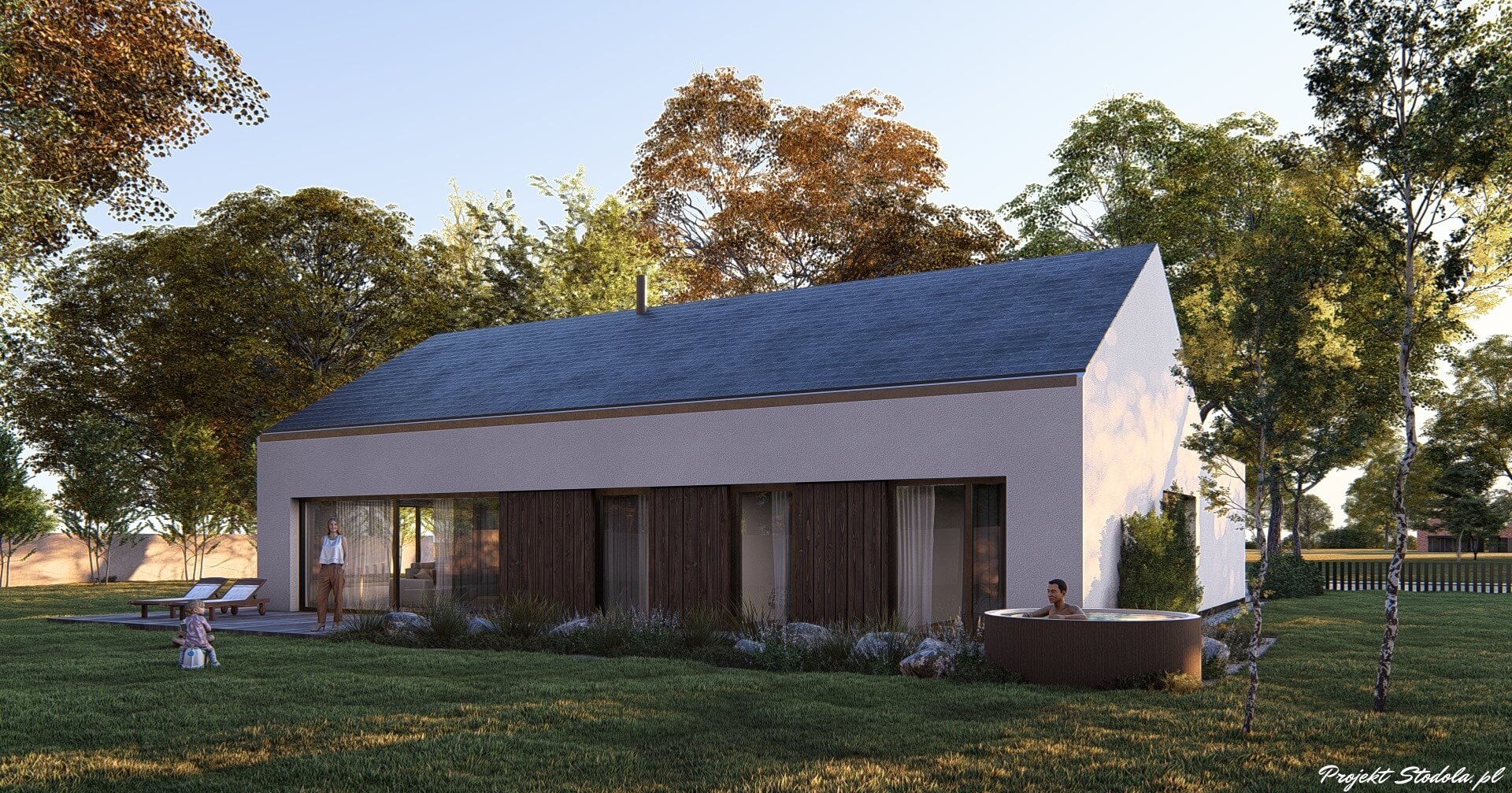 Projekt Stodoła Optimum z garażem perspektywa ogrodowa