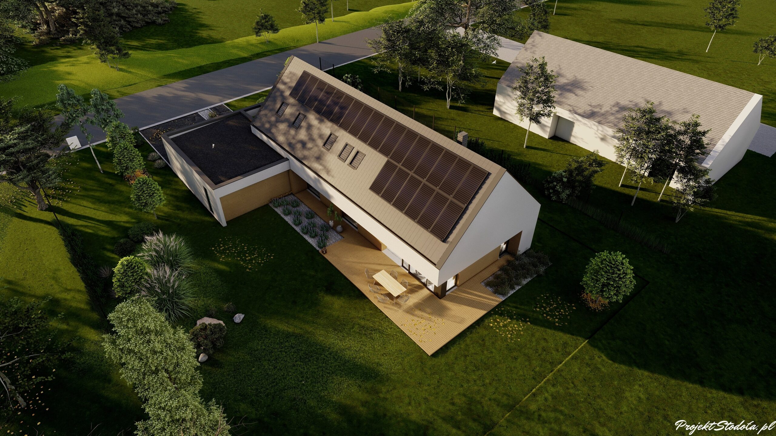 Projekt Stodoła M+ aksonometria ogrodowa