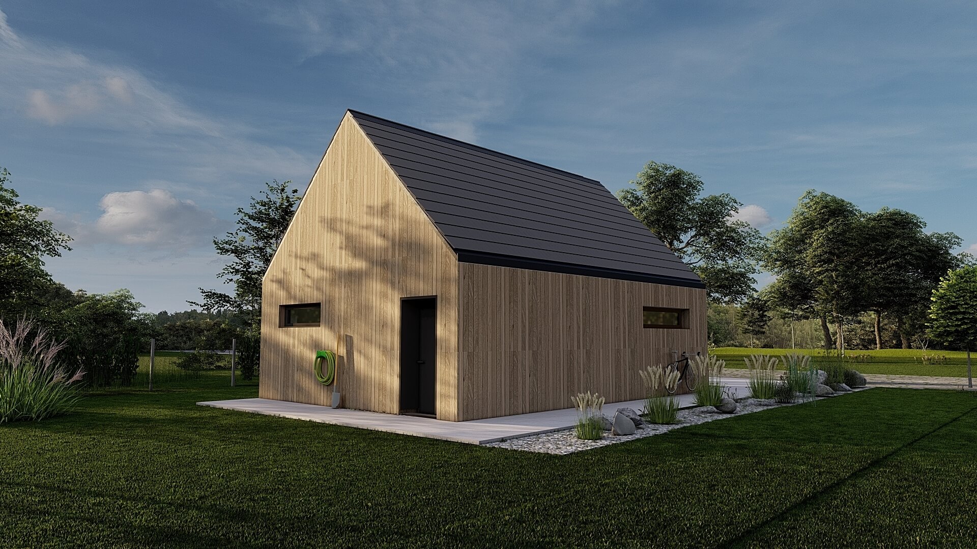 Dodatkowy garaż dwuspadowy dach widok ogrodu lustro