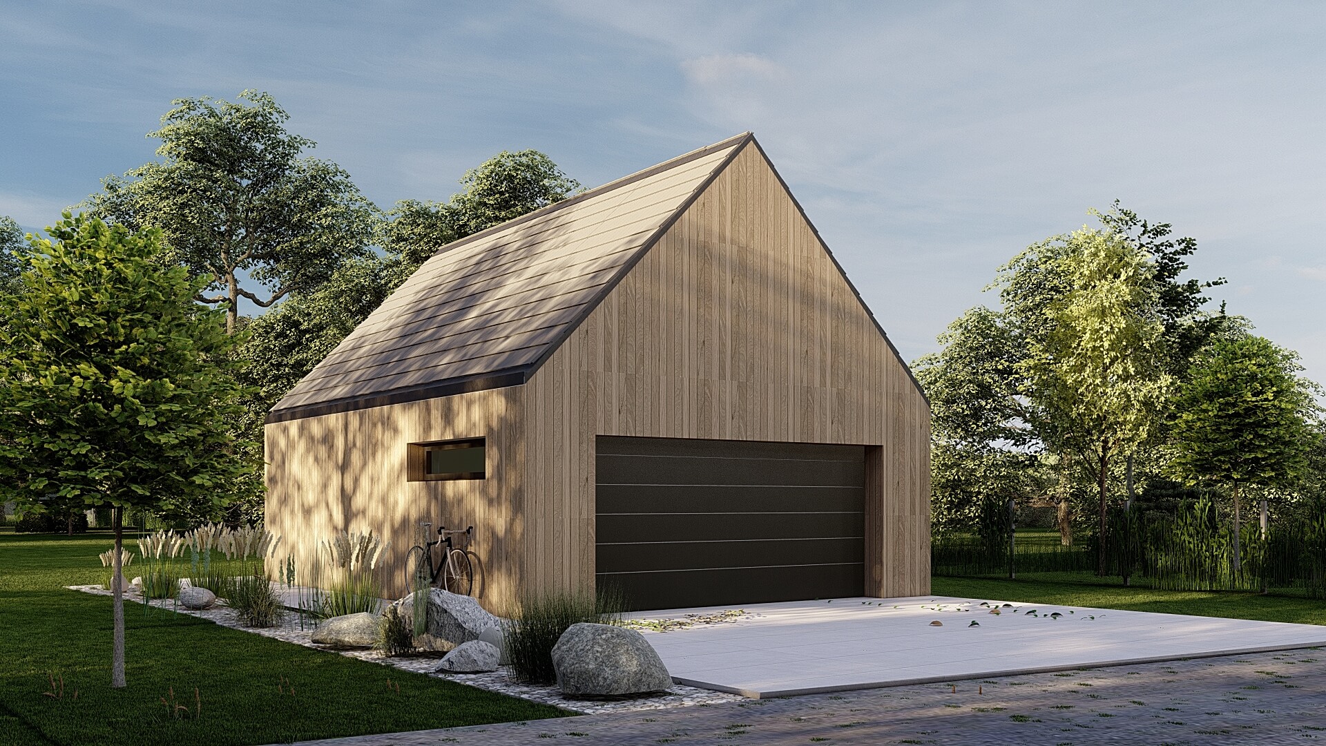 Dodatkowy garaż dwuspadowy dach widok z ulicy lustro garaż z dwuspadowym dachem