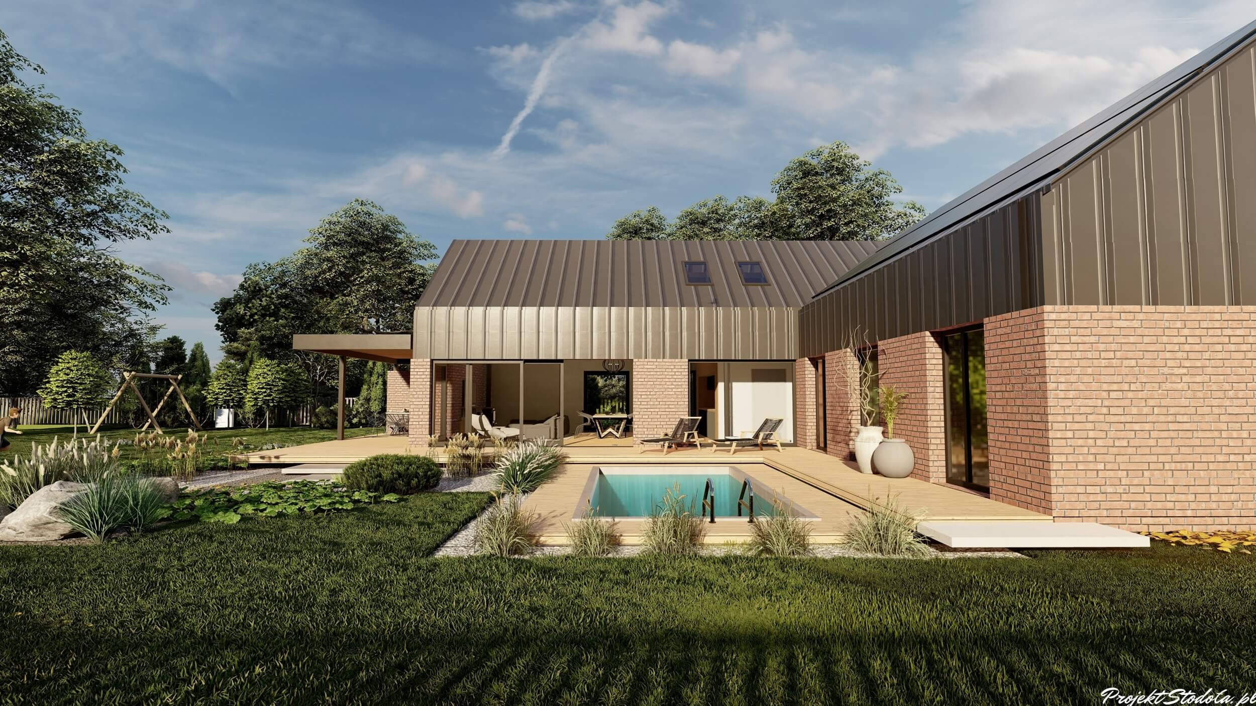 Nowoczesna stodoła T projekt domu parterowego, basen Nowoczesna stodoła