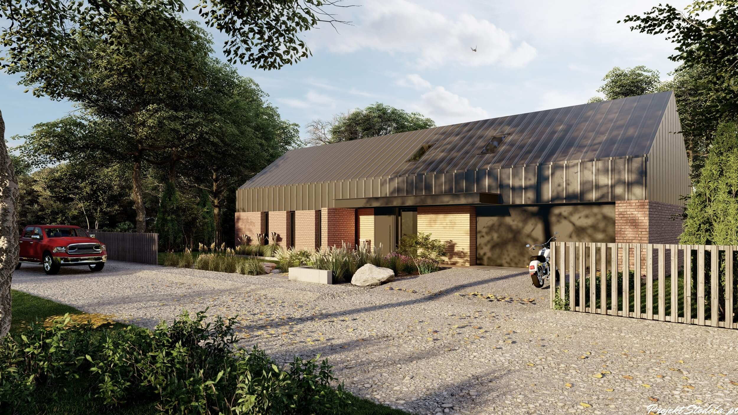 Nowoczesna stodoła T projekt domu parterowego podjazd Nowoczesna stodoła