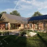 Nowoczesna stodoła T projekt parterowy elewacja ogrodowa, basen Nowoczesna stodoła