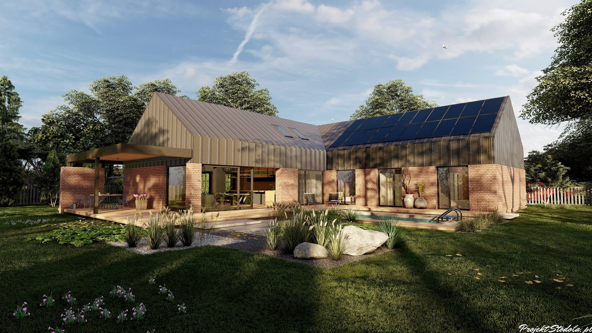 Nowoczesna stodoła T projekt parterowy elewacja ogrodowa, basen Nowoczesna stodoła