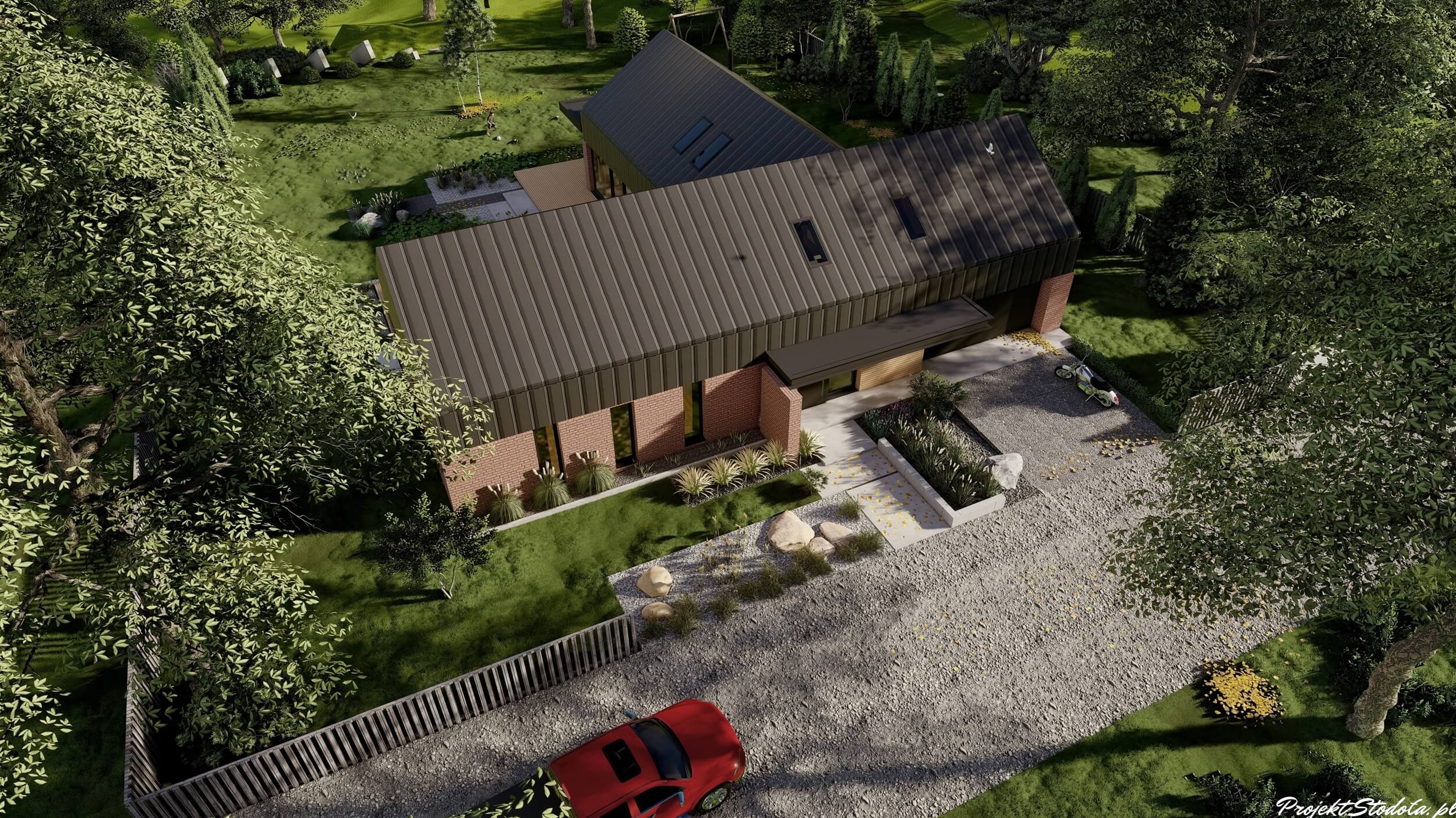 Nowoczesna stodoła projekt domu parterowego widok z góry front Nowoczesna stodoła T projekt