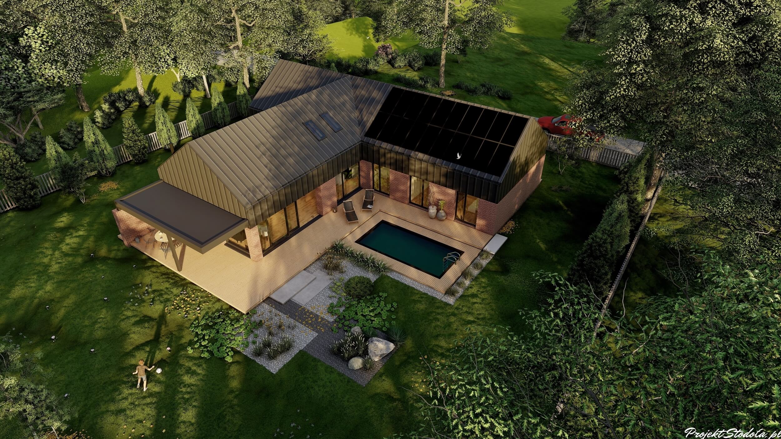 Nowoczesna stodoła projekt domu parterowego widok z góry ogród Nowoczesna stodoła projekt