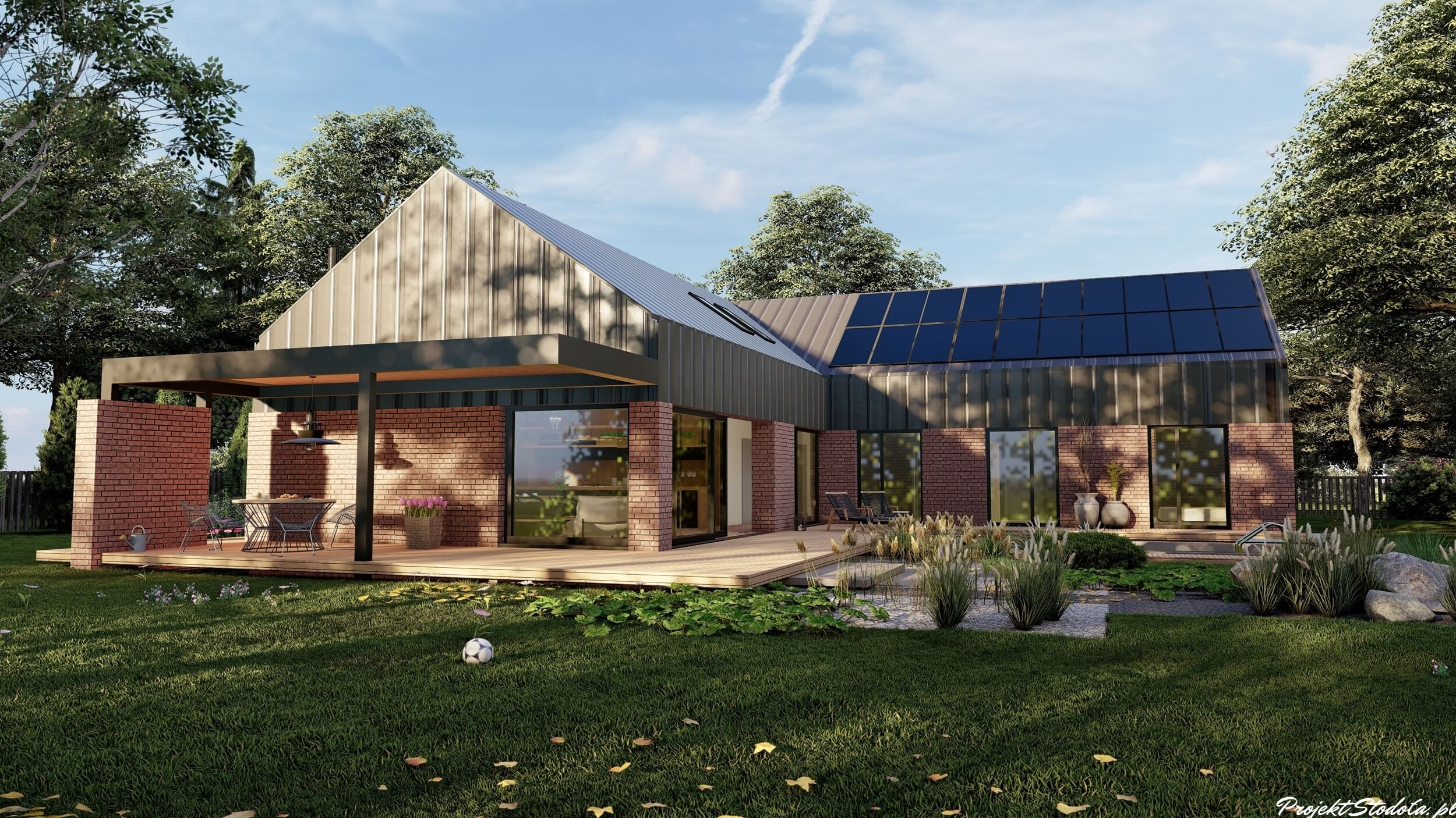 Nowoczesna stodoła projekt parterowy zadaszony taras Nowoczesna stodoła