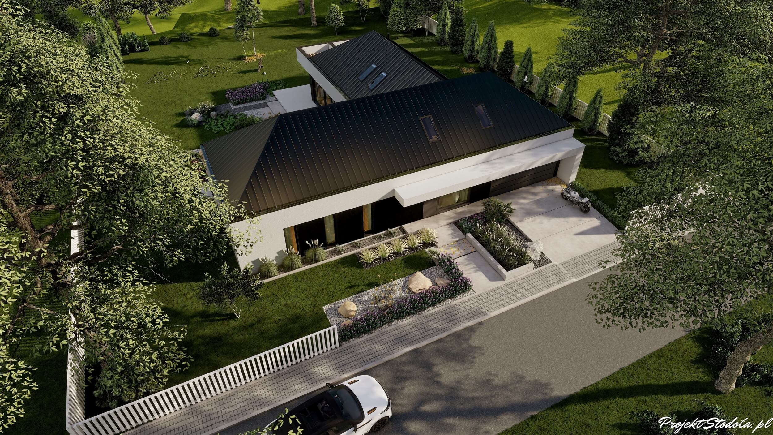 Projekt Stodoła T Nowoczesna Aksonometria front nowoczesny dom parterowy Projekt Stodoła T widok z góry front
