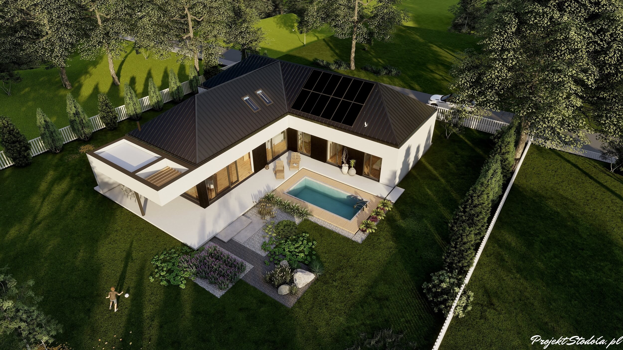 Projekt Stodoła T Nowoczesna Aksonometria ogrodowa nowoczesny dom parterowy Projekt Stodoła T widok z góry
