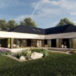 Projekt Stodoła T Nowoczesna Perspektywa ogrodowa nowoczesny dom parterowy Projekt Stodoła T ogród