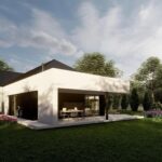 Projekt Stodoła T Nowoczesna Perspektywa ogrodowa Taras nowoczesny dom parterowy Projekt Stodoła T zadaszony taras