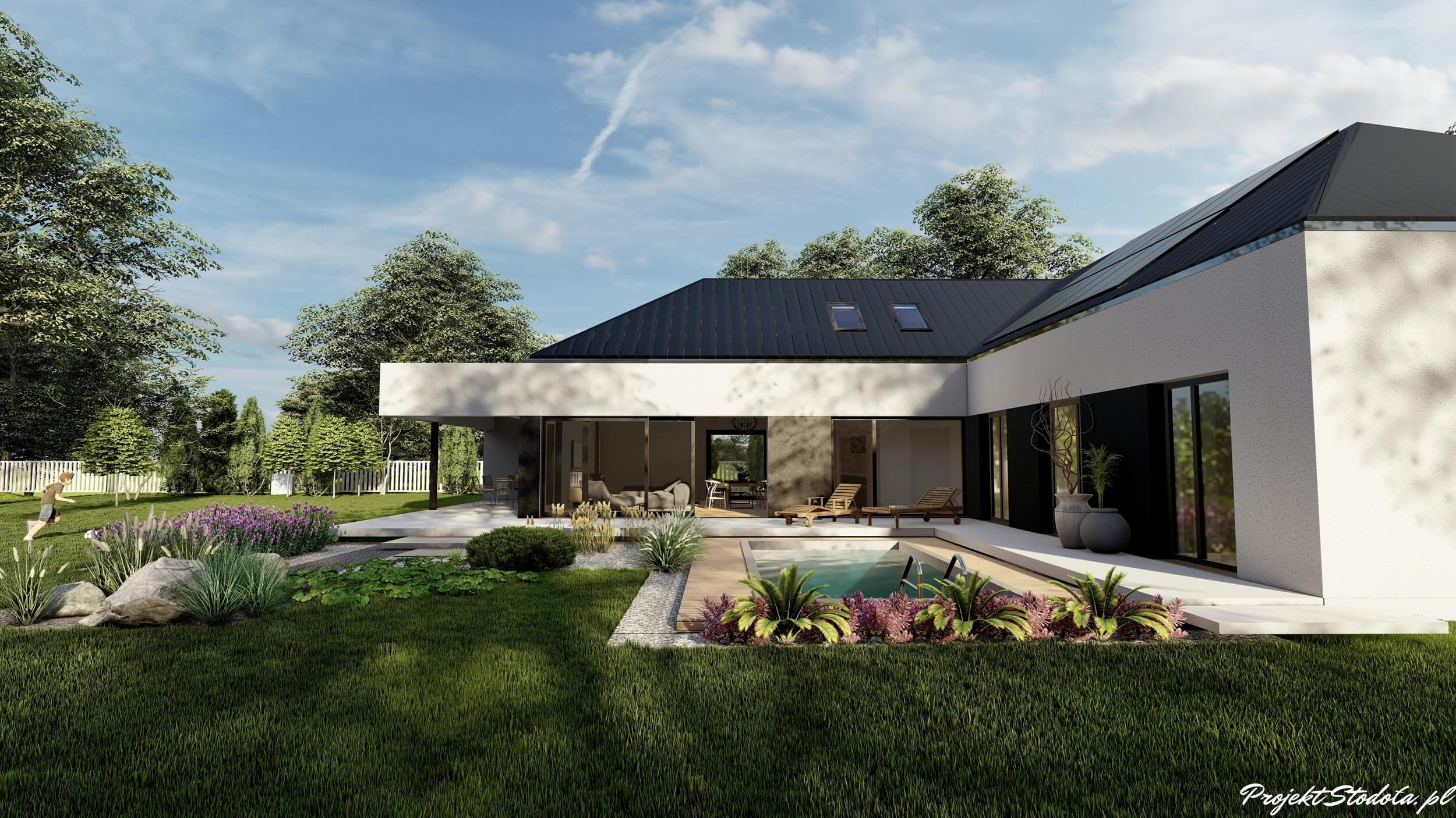 Projekt Stodoła T Nowoczesna Perspektywa ogrodowa boczna nowoczesny dom parterowy Projekt Stodoła T ogród