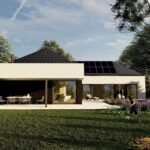 Projekt Stodoła T Nowoczesna Perspektywa ogrodowa skos nowoczesny dom parterowy Projekt Stodoła T taras