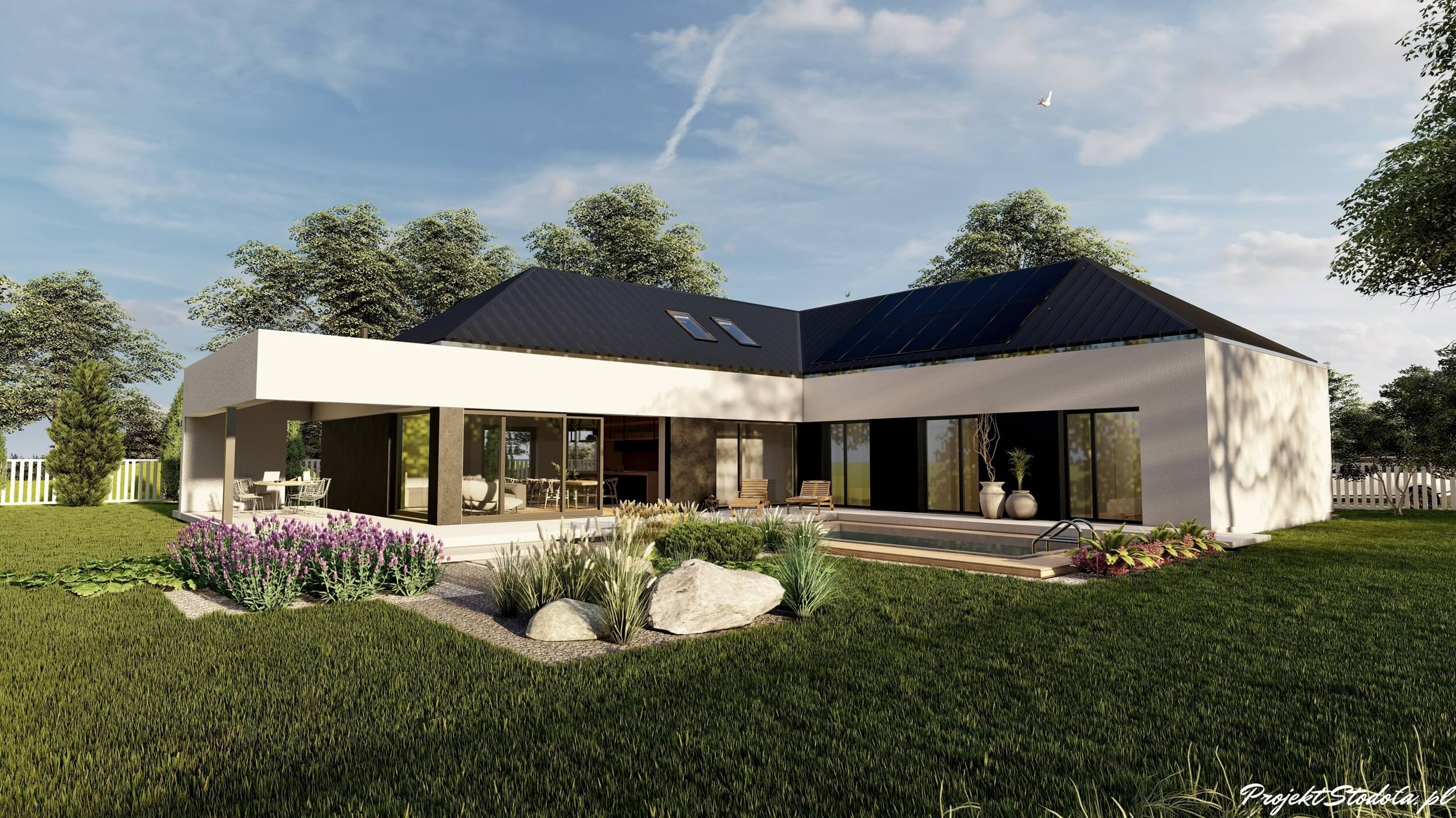 Projekt Stodoła T Nowoczesna Perspektywa ogrodowa nowoczesny dom parterowy Projekt Stodoła T ogród