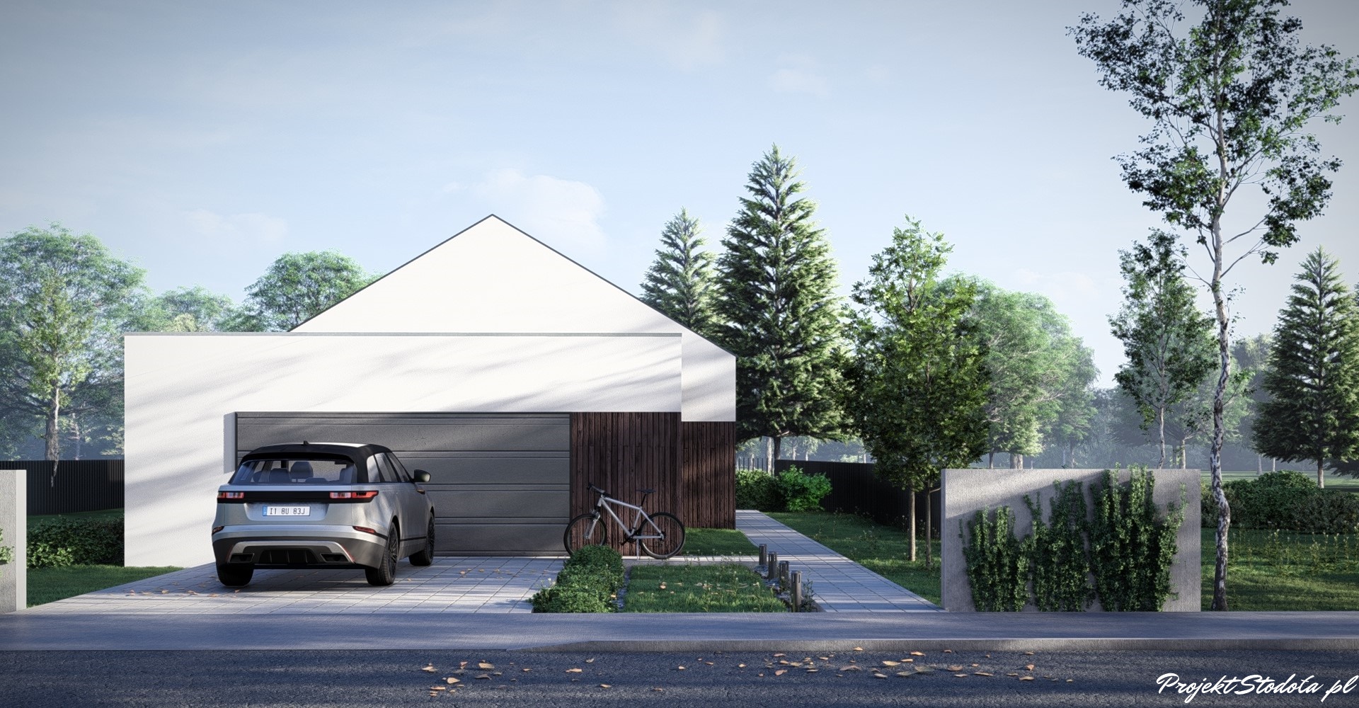 Projekt Stodoła Long strefa frontowa (1) projekt na wąską działkę