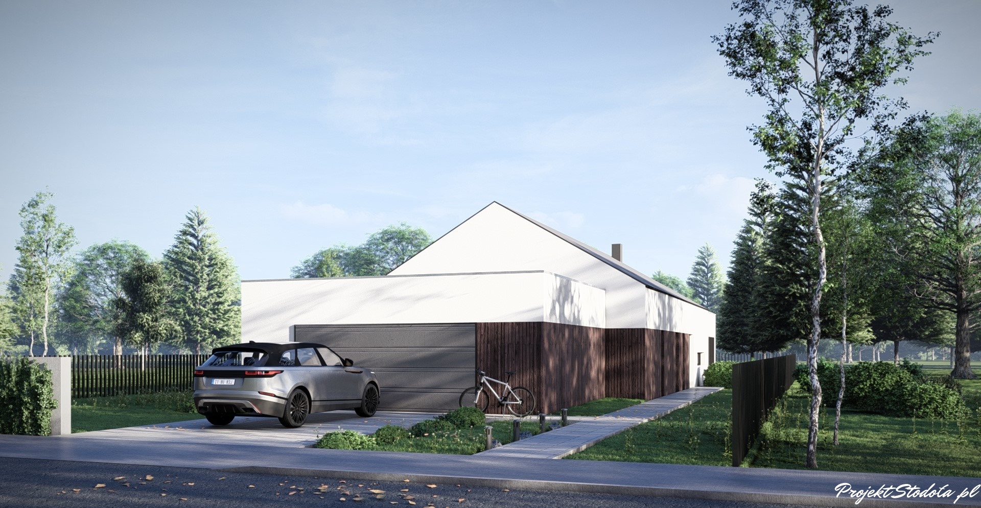 Projekt Stodoła Long strefa frontowa (2) projekt na wąską działkę