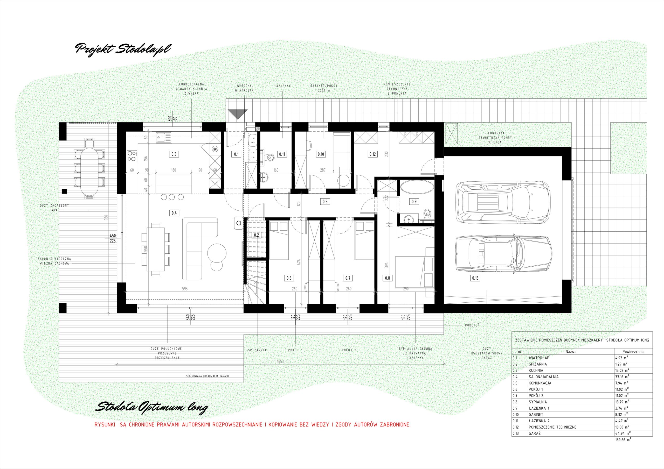Projekt Stodoła Optimum Long wersja podstawowa. Rzut parteru projekt na wąską działkę
