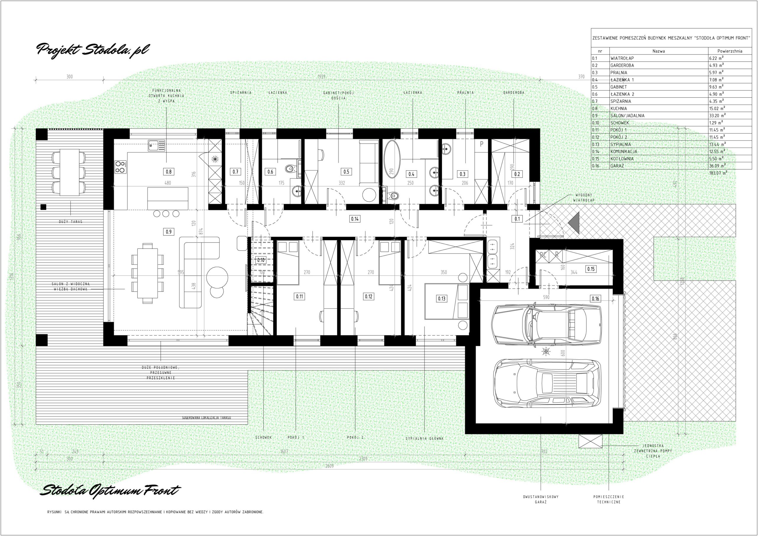 Stodoła Optimum Front rzut parteru projekt na długą działkę