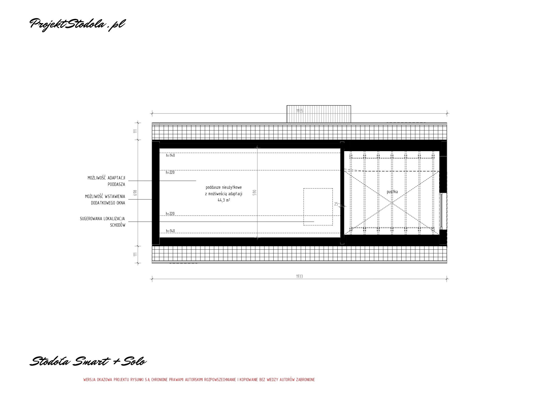 Stodoła Smart + Solo wersja podstawowa rzut poddasza projekt domu bez garażu