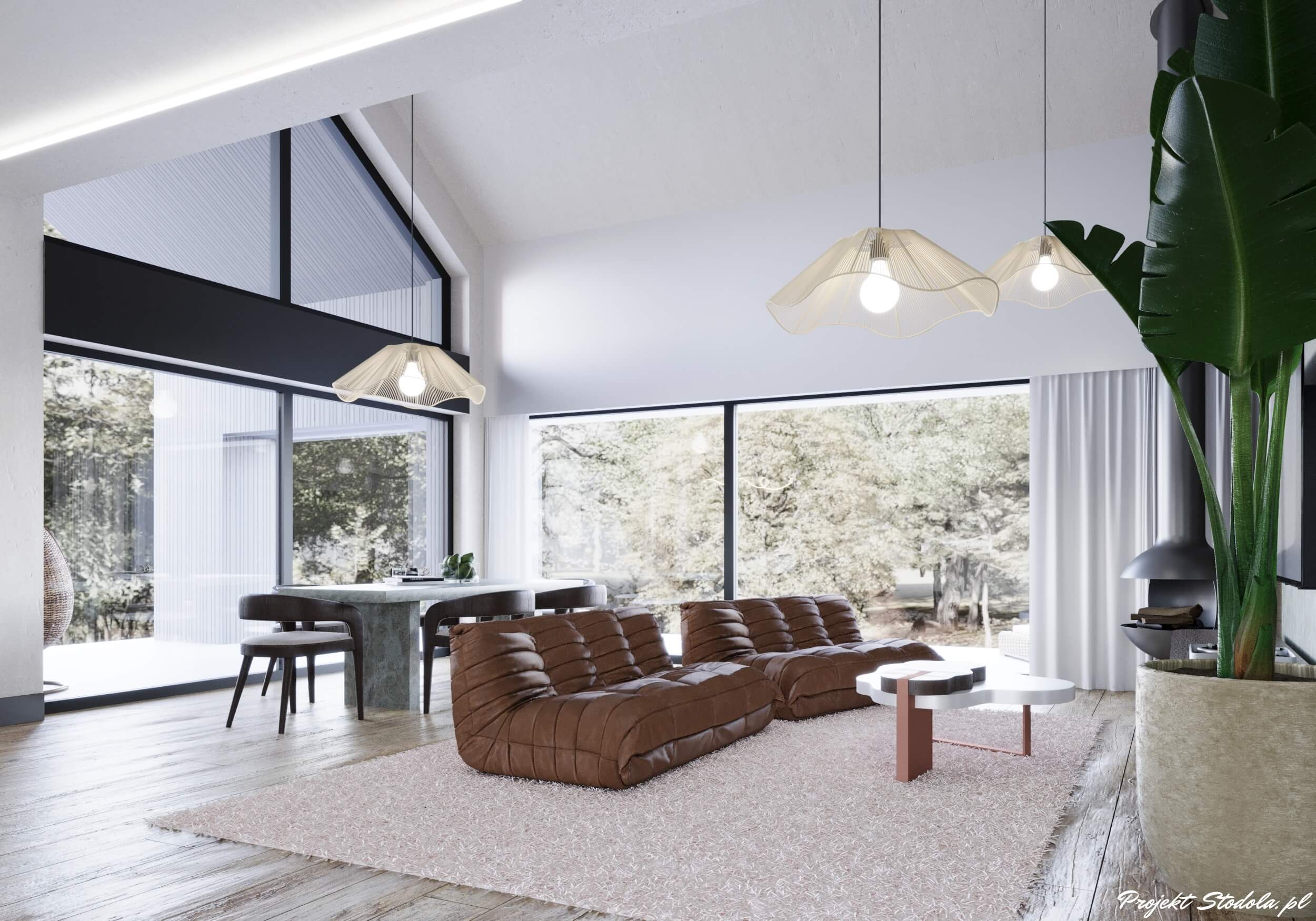 Projekt Stodoła Solo Bis Wysoki salon, duże przeszklenie