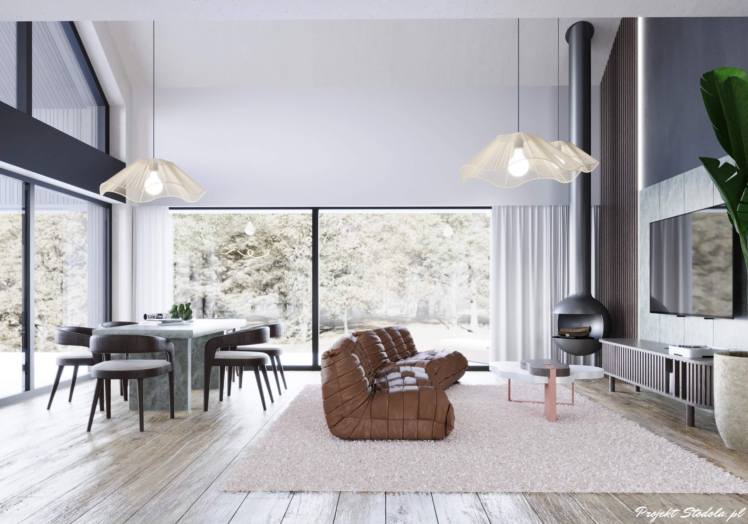Projekt Stodoła Solo Bis salon duże przeszklenie