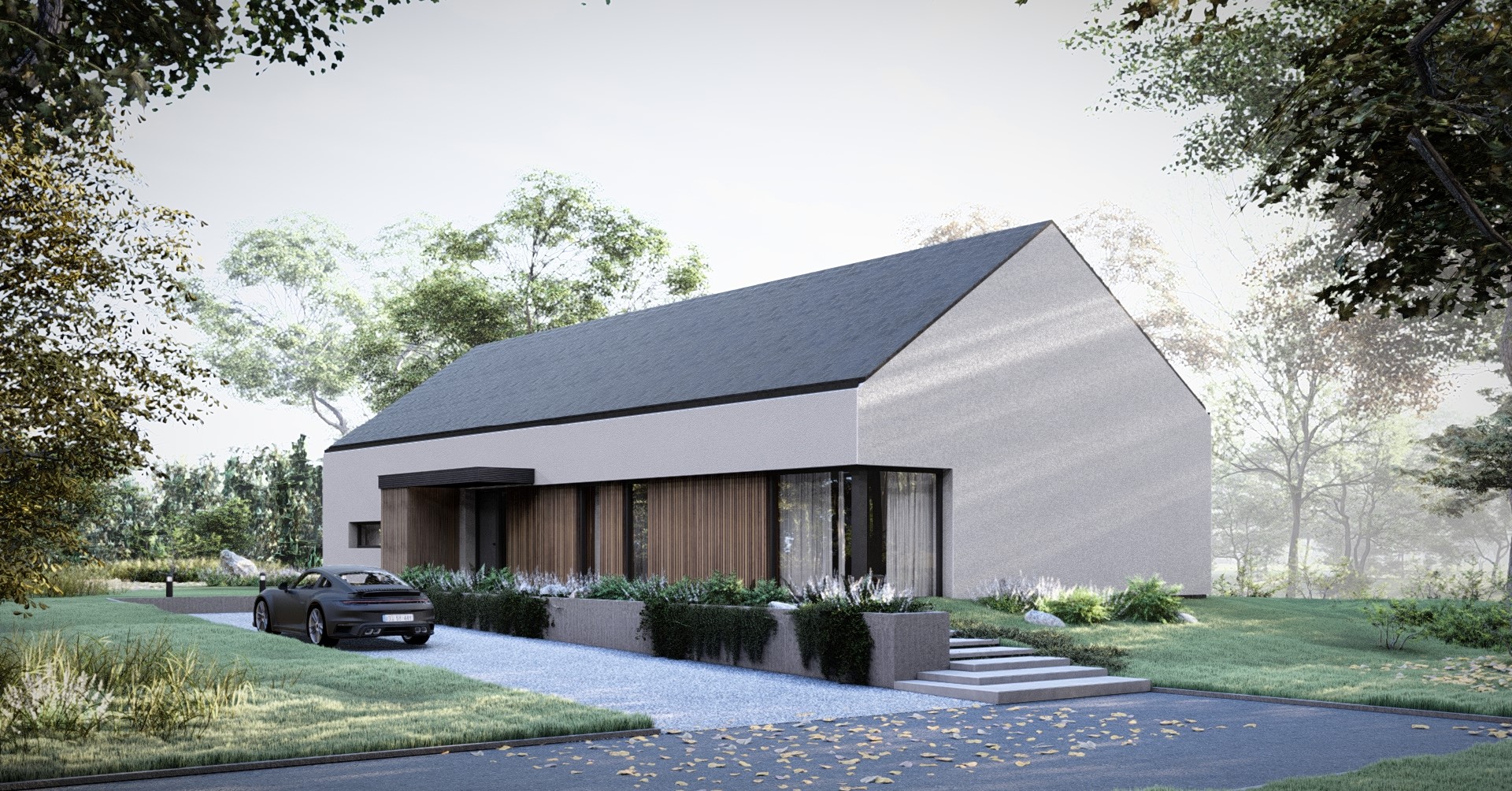 Projekt Stodoła Solo bis biała elewacja wjazdowa