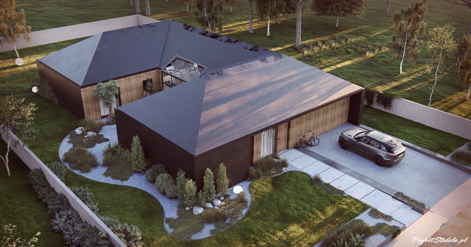 projekt stodoła z Patio aksonometria ciemna elewacja