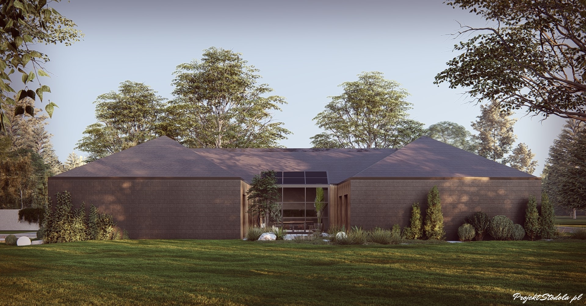 projekt stodoła z Patio atrium ciemna elewacja