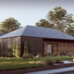 projekt stodoła z Patio atrium perspektywa frontowa ciemna elewacja