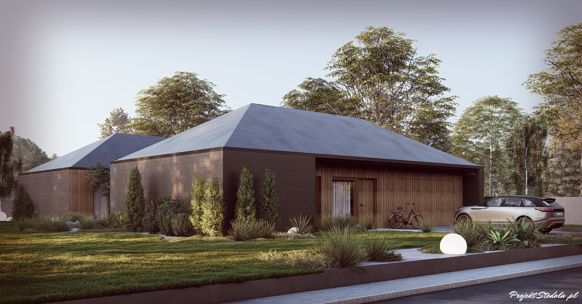 projekt stodoła z Patio atrium perspektywa frontowa ciemna elewacja