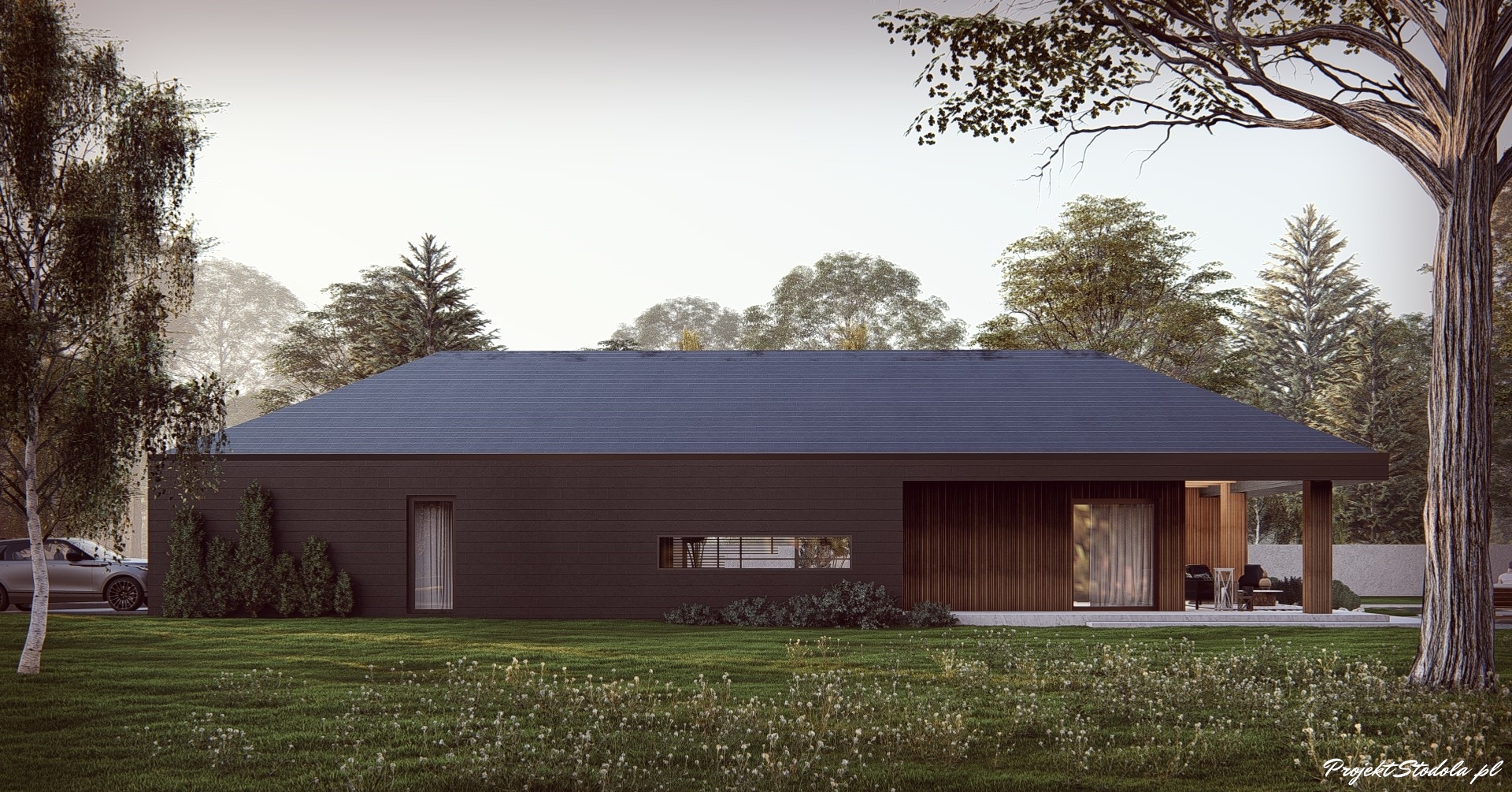 projekt stodoła z Patio elewacja boczna skos ciemna elewacja