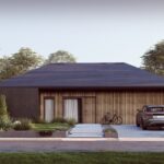 projekt stodoła z Patio elewacja frontowa ciemna elewacja