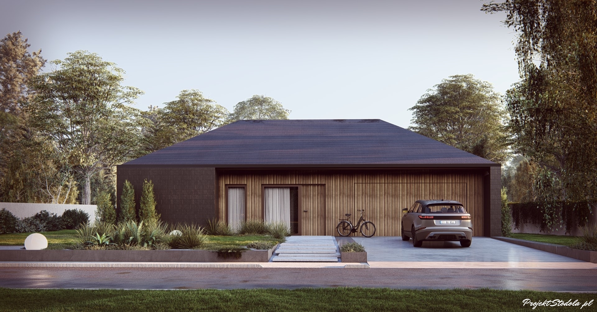 projekt stodoła z Patio elewacja frontowa ciemna elewacja