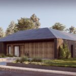 projekt stodoła z Patio elewacja frontowa skos ciemna elewacja