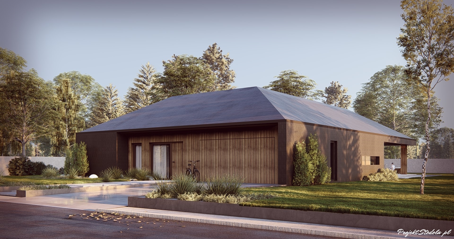 projekt stodoła z Patio elewacja frontowa skos ciemna elewacja