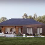 projekt stodoła z Patio elewacja ogrodowa skos ciemna elewacja