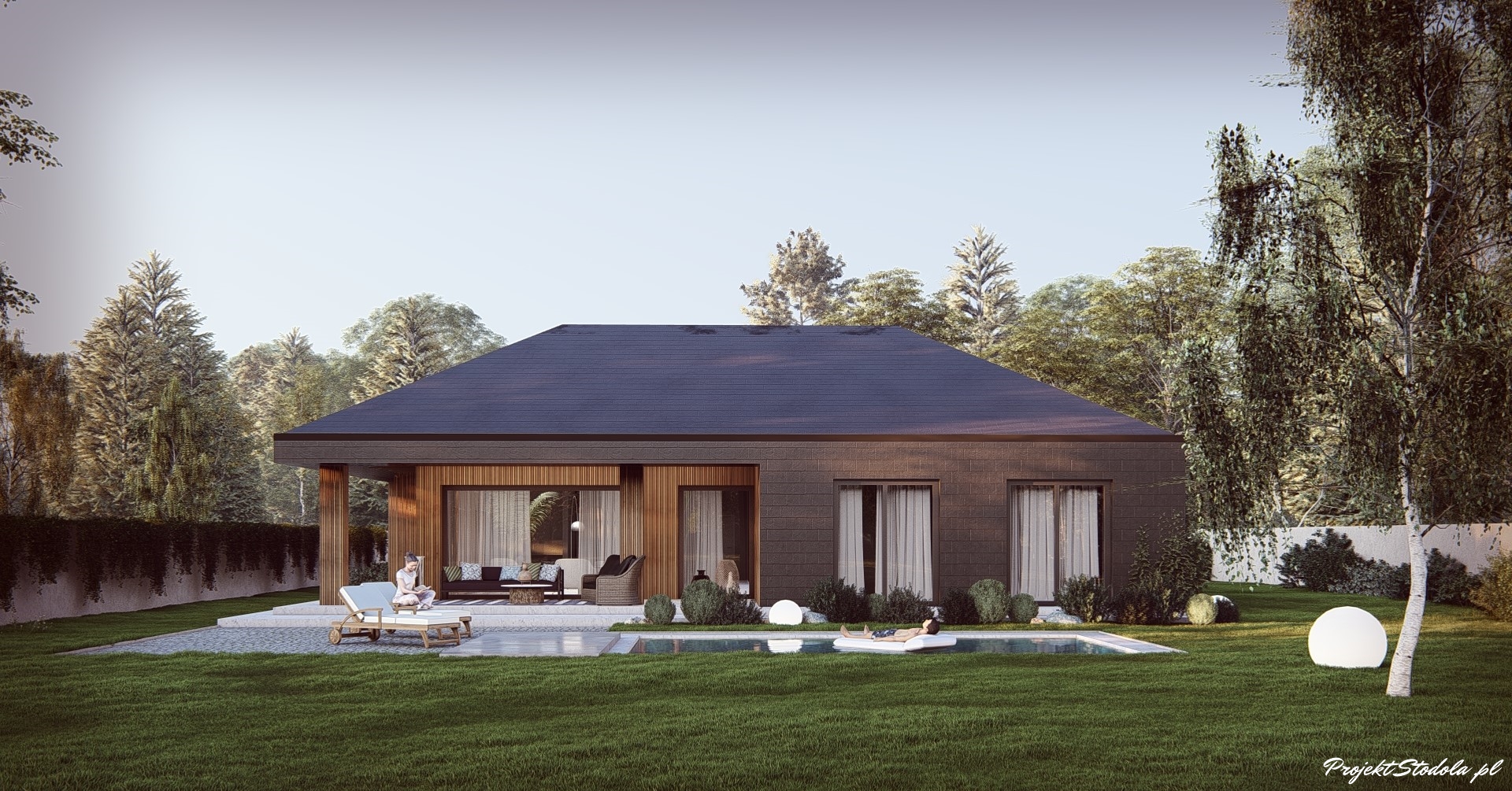 projekt stodoła z Patio elewacja ogrodowa skos ciemna elewacja