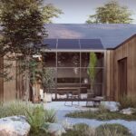 projekt stodoła z Patio perspektywa atrium ciemna elewacja