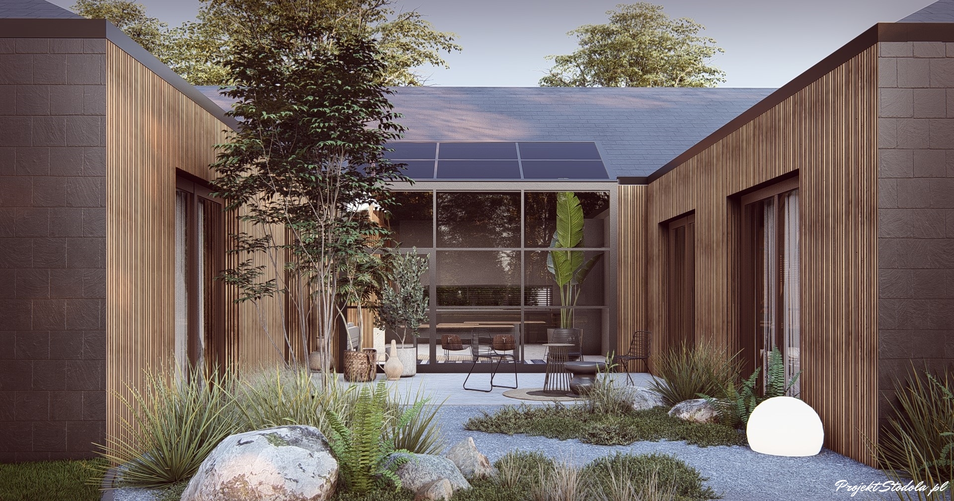 projekt stodoła z Patio perspektywa atrium ciemna elewacja