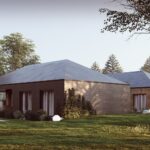 projekt stodoła z Patio perspektywa ogrodowa bok ciemna elewacja