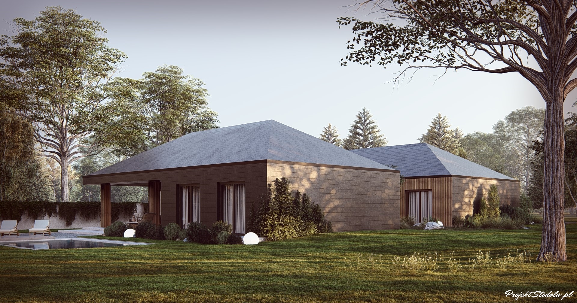 projekt stodoła z Patio perspektywa ogrodowa bok ciemna elewacja