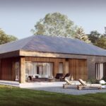 projekt stodoła z Patio perspektywa ogrodowa skos ciemna elewacja