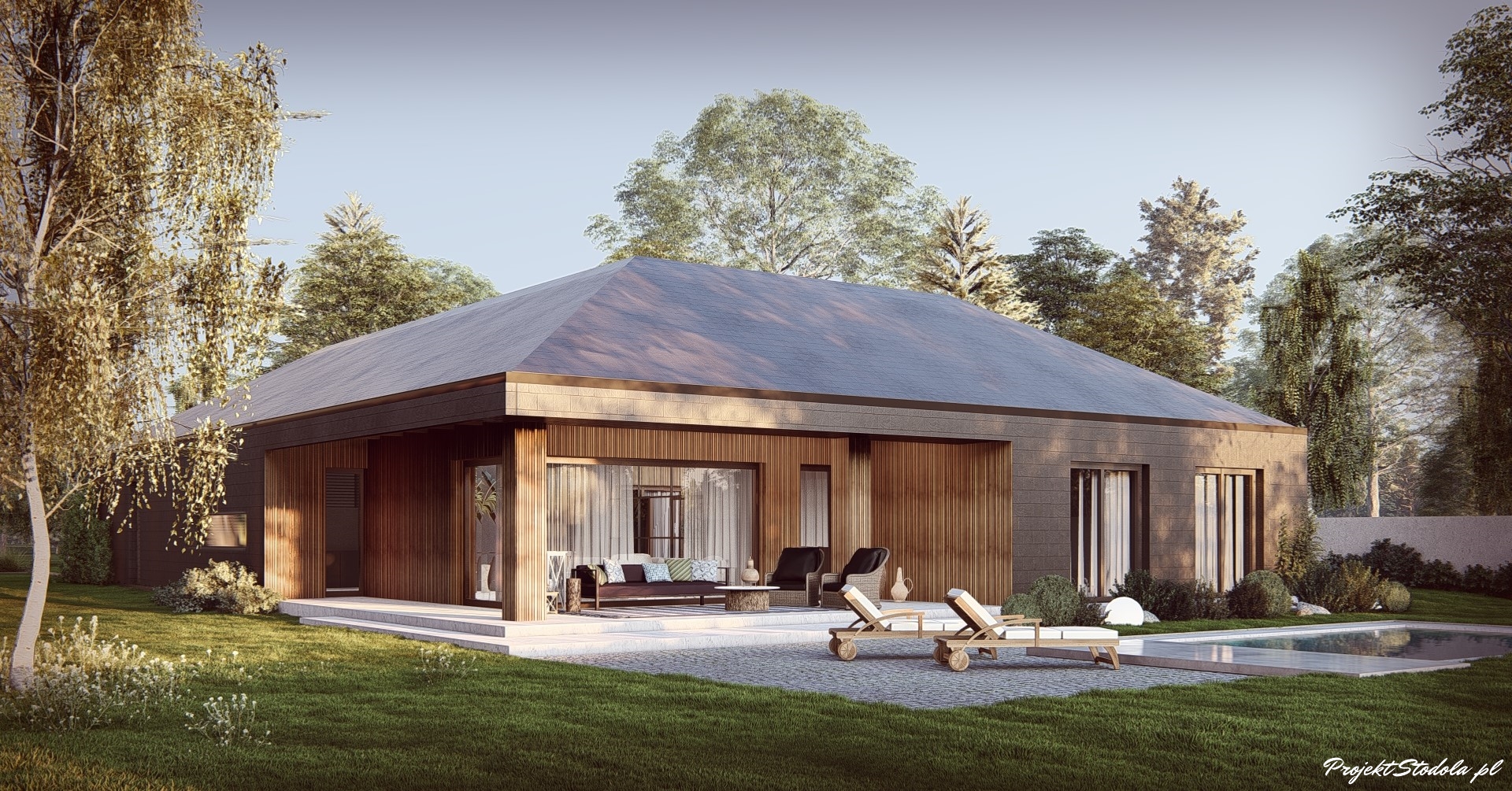projekt stodoła z Patio perspektywa ogrodowa skos ciemna elewacja
