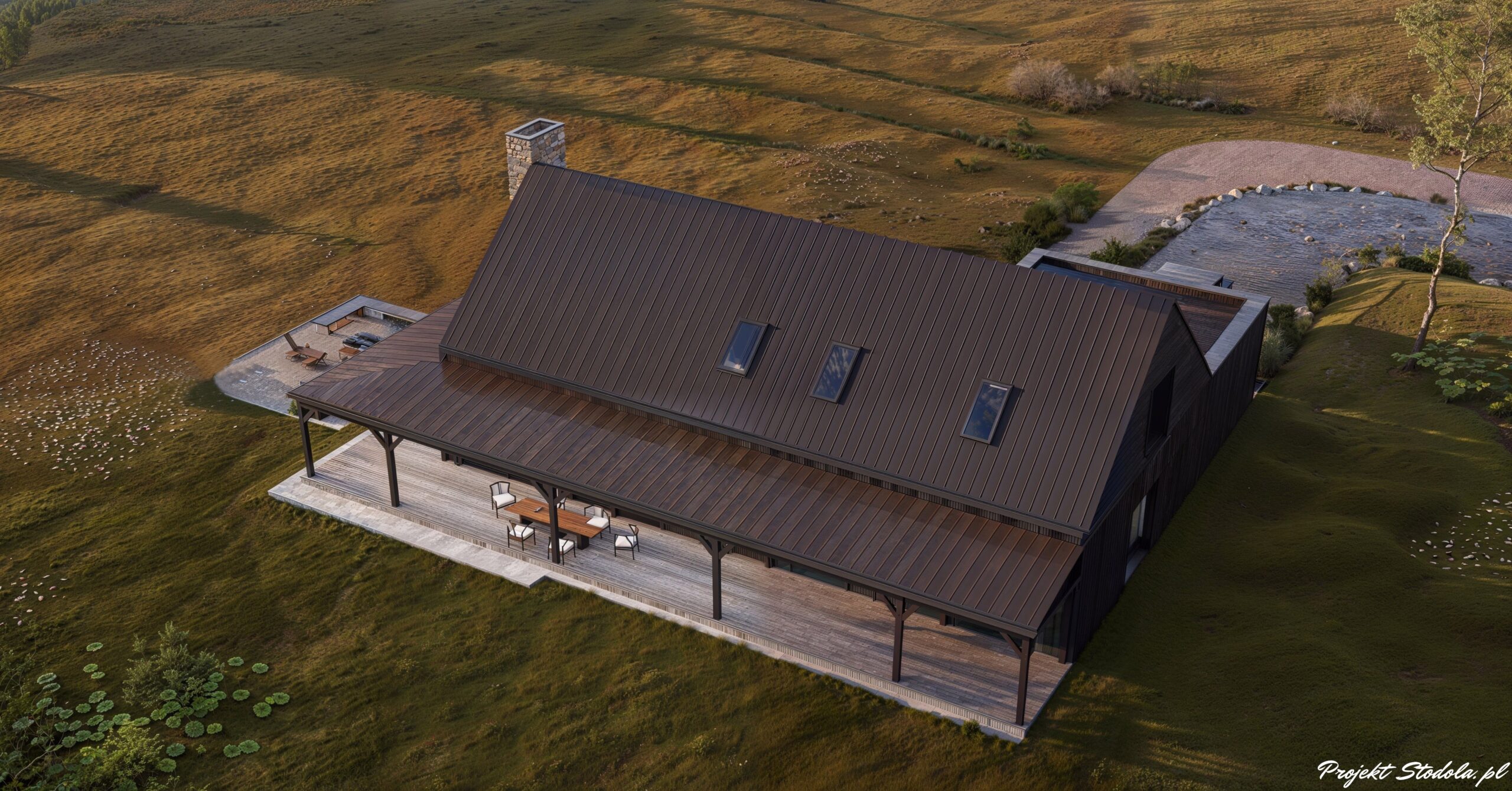 Projekt Stodoła Modern Farmhous aksonometria od ogrodu podstawa