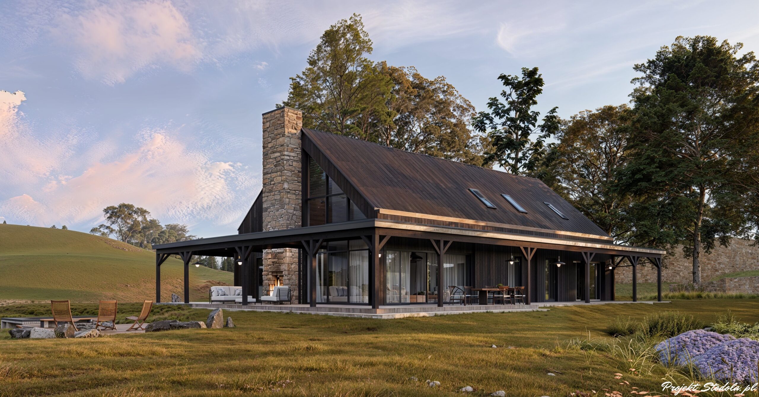 Projekt Stodoła Modern Farmhous perspektywa ogrodowa podstawa