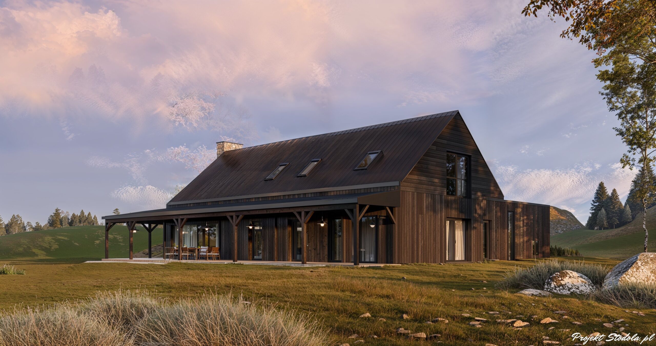 Projekt Stodoła Modern Farmhous zadaszony taras podstawa